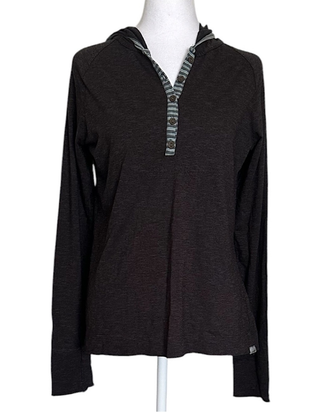 Horny Toad Hooded Henley Shirt Pullover Women’s Large Brown Stretch Long Sleeve